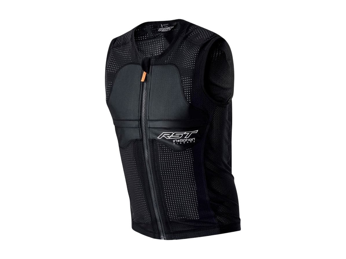 Black protective vest with zipper, padded sections, and breathable mesh material.