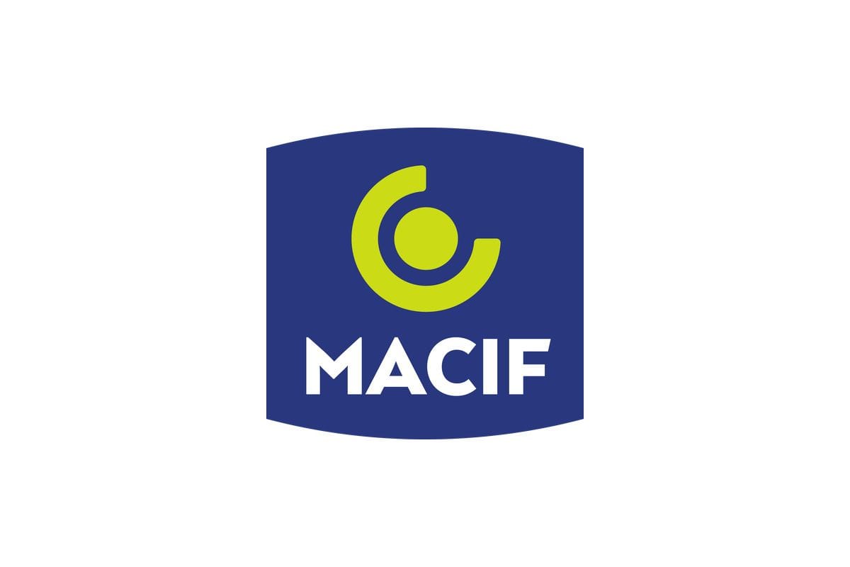 MACIF logo featuring a lime green abstract symbol and the company name in white.