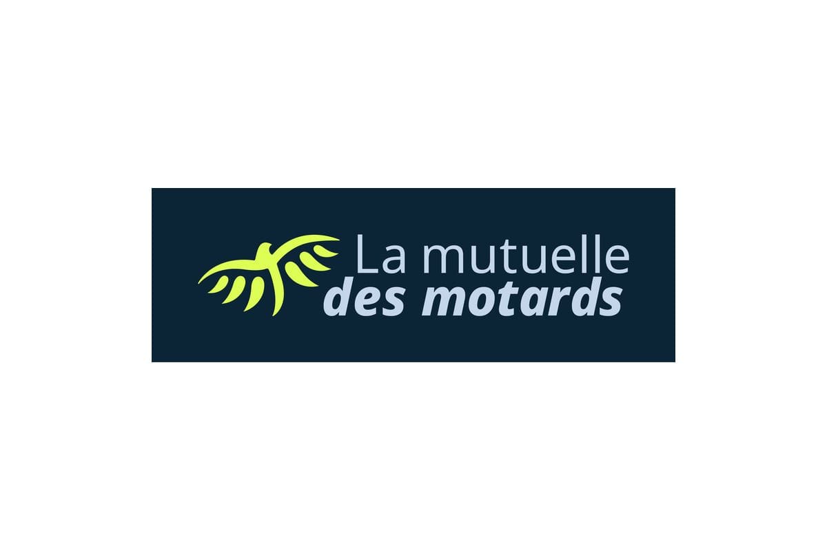 Logo for La mutuelle des motards, featuring yellow stylized wings on a dark blue background.