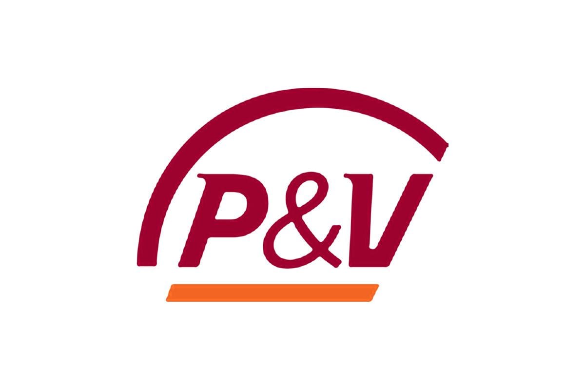 P&V logo featuring dark red stylized letters with an arc and an orange underline.