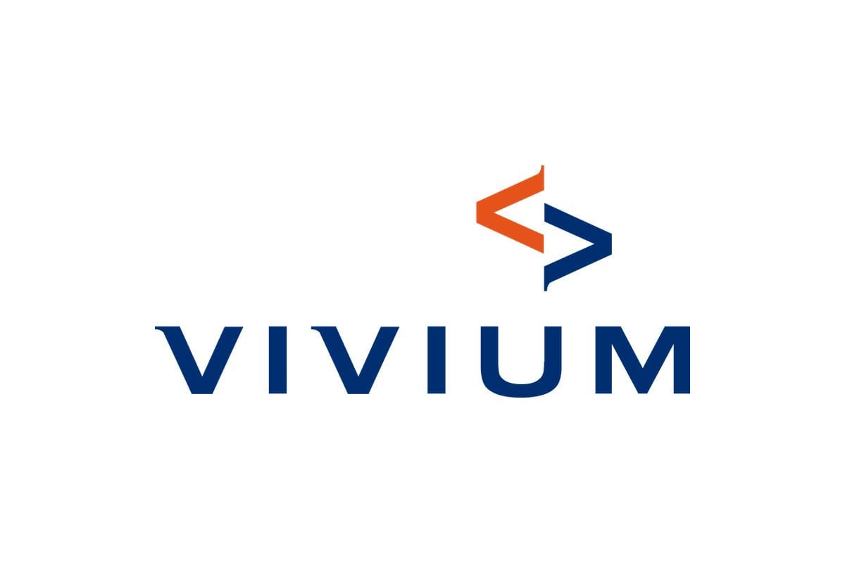 Vivium logo featuring dark blue text and an orange and blue bracket symbol.