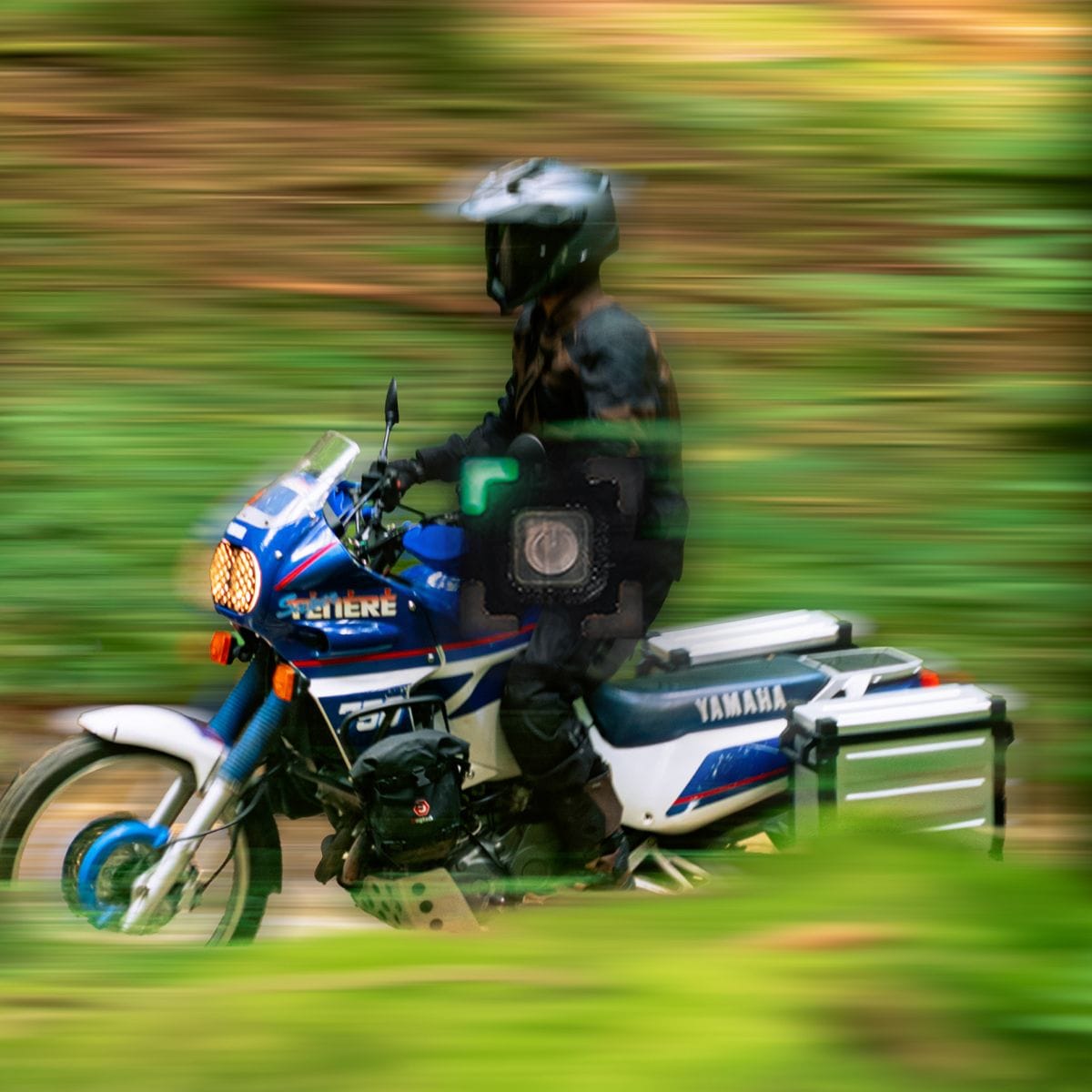 A person rides a blue and white Yamaha motorcycle through a blurred green outdoor setting.