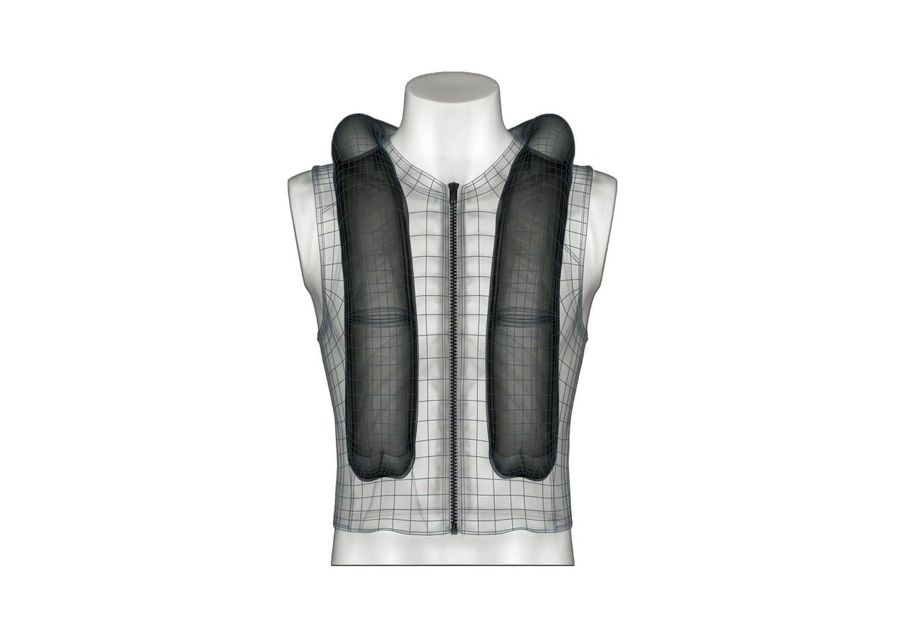 A technical airbag vest with inflated black protection pads displayed on a mannequin.