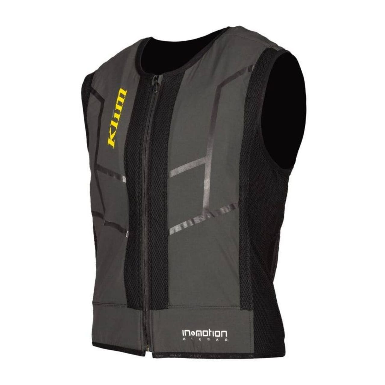 Gray and black KLIM In&motion motorcycle airbag vest, front view, isolated on white.