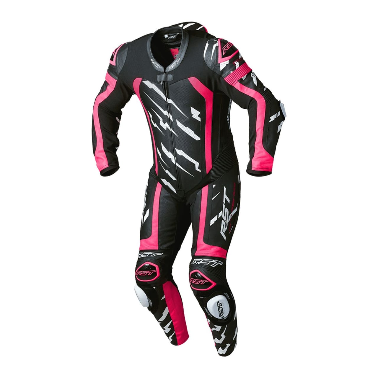 A black and pink motorcycle racing suit with white accents and protective padding.