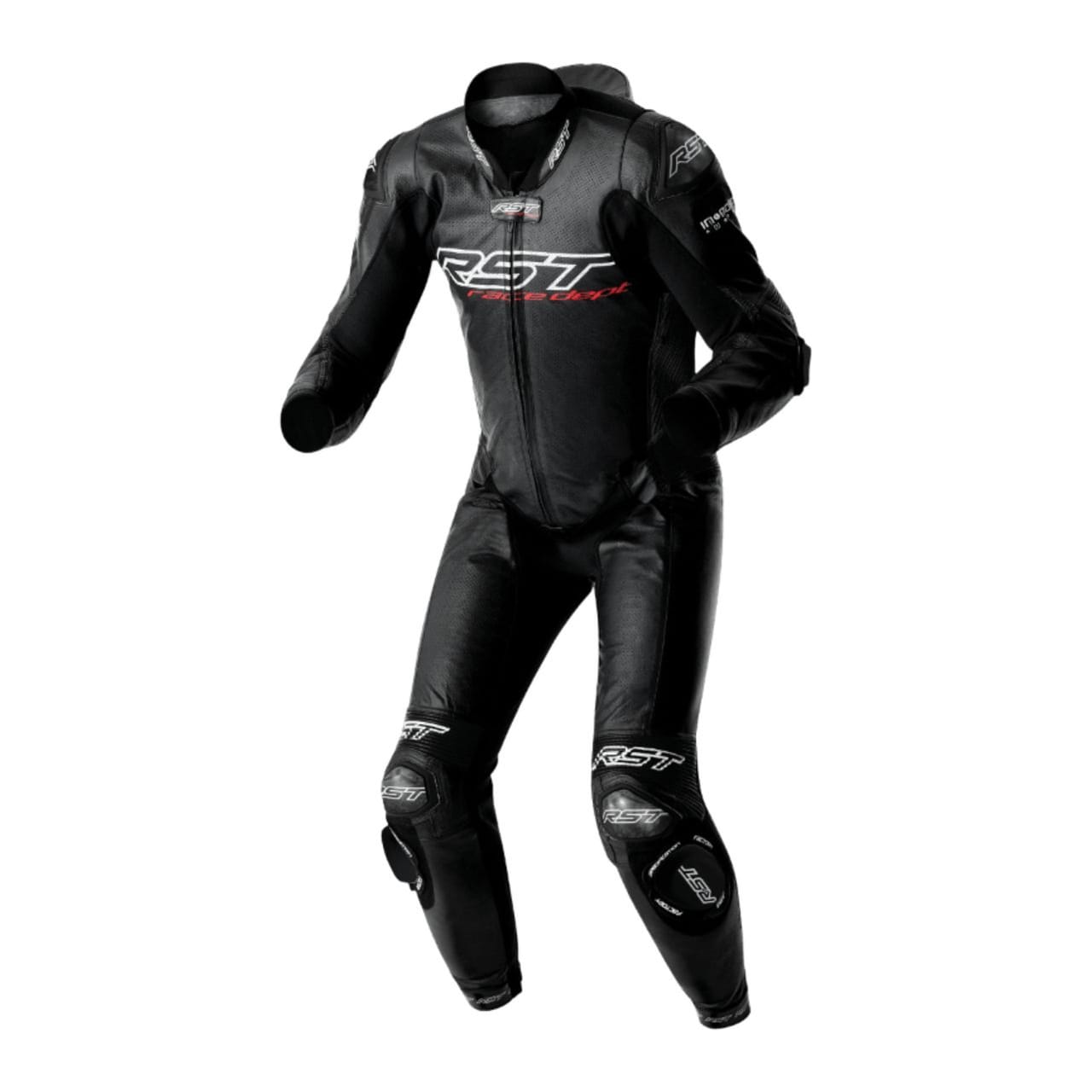 Black leather full-body motorcycle racing suit with RST branding and protective pads.