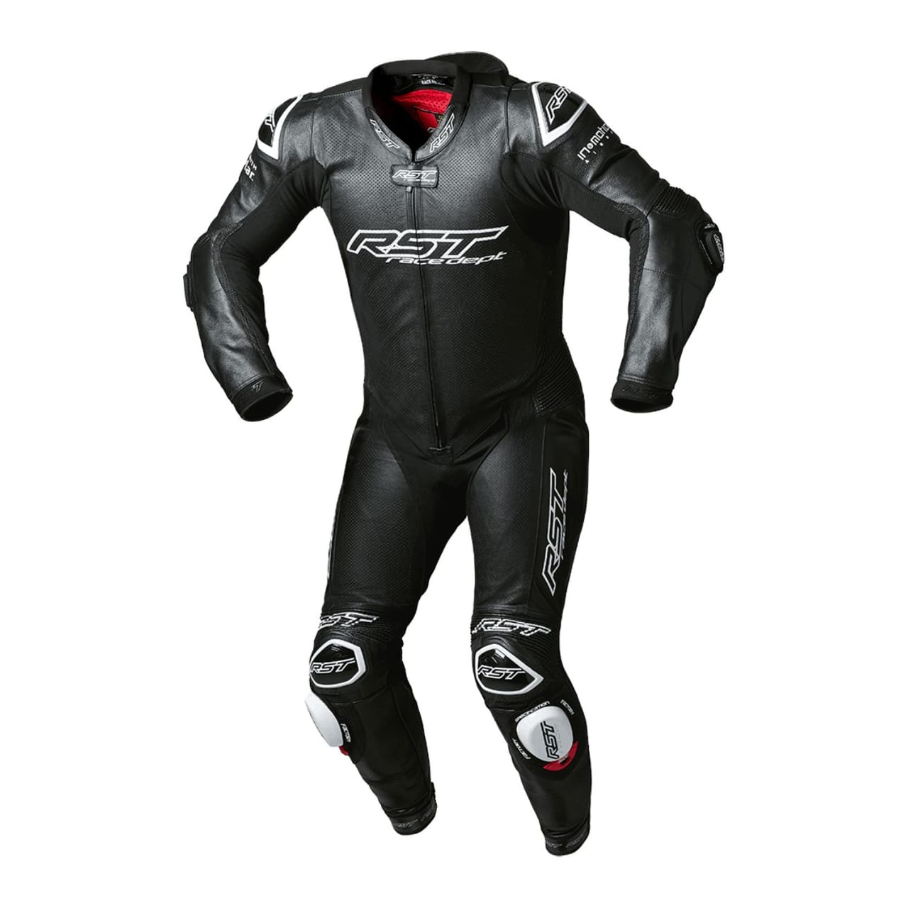 Black leather motorcycle racing suit with white accents and 'RST' logo.